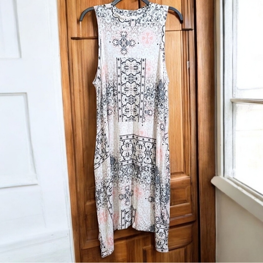Cato White Pink And Brown Patterned Midi Sharkbite Dress Size Large